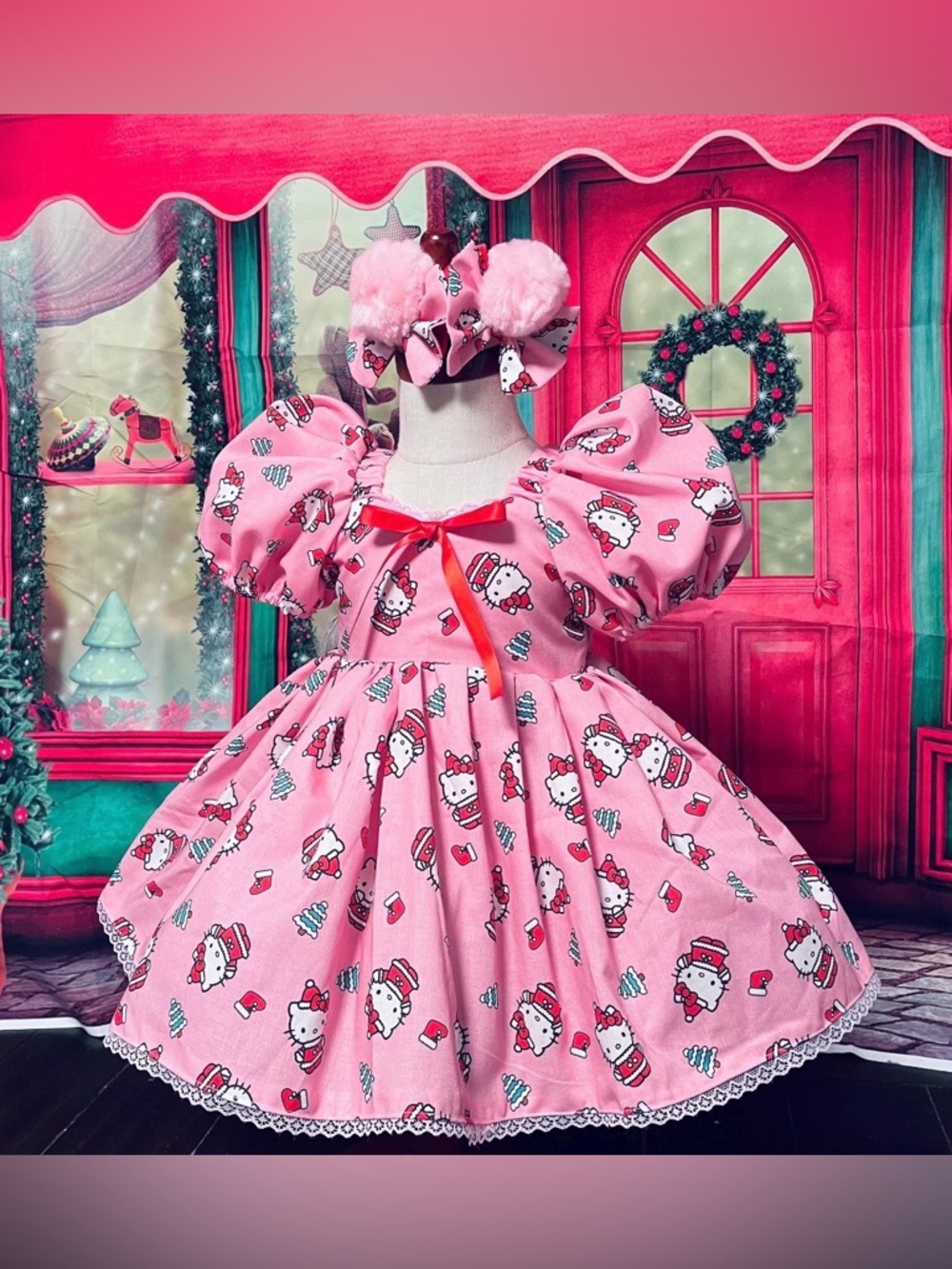 Pink Hello Kitty Holiday Puff Sleeve Dress for Kids